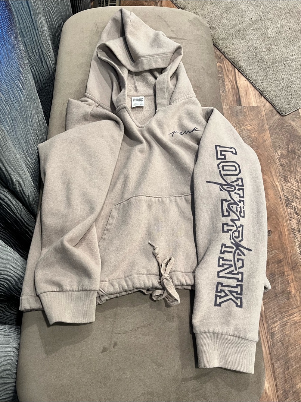PINK Victoria's Secret Beige Drawstring Hoodie with Sleeve Logo
